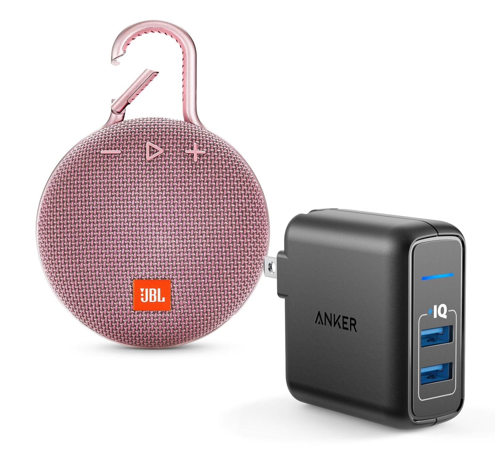 JBL Clip 3 Pink Bluetooth Speaker w/Anker 2 Ports Wall Charger
