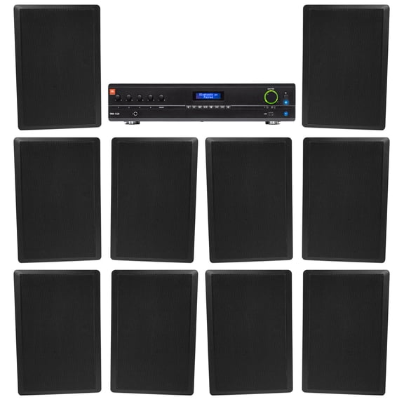JBL Commercial Amplifier+(10) Slim Black Wall Speakers for Restaurant/Bar/Cafe