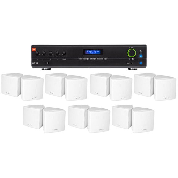 JBL Commercial Amplifier+(14) 3.5" White Cube Speakers for Restaurant/Bar/Cafe