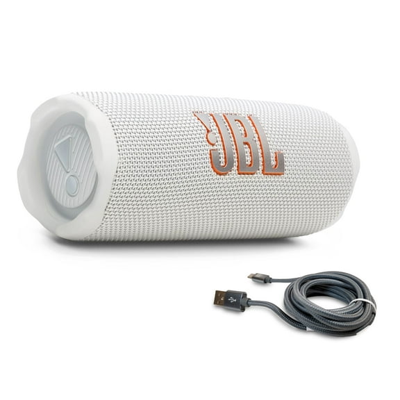 JBL Flip 7 Portable Bluetooth Speaker & 6ft USB-C Braided Cable Bundle - White