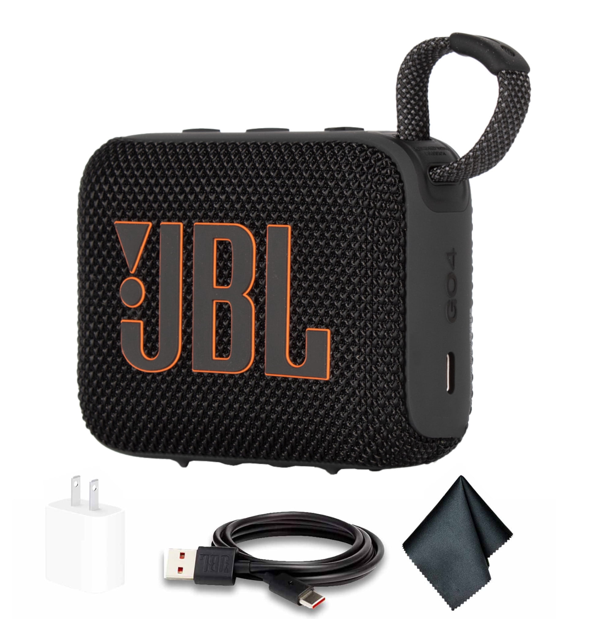 JBL Go 4 Portable Bluetooth Speaker, Built-in Battery, Waterproof and Dustproof - Black (JBLGO4BLKAM) + USB-C Adapter + MicroFiber Cloth (International Model)