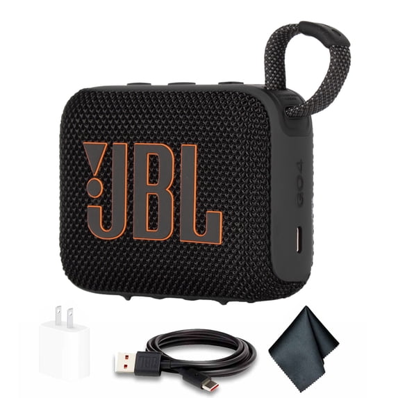 JBL Go 4 Portable Bluetooth Speaker, Built-in Battery, Waterproof and Dustproof - Black (JBLGO4BLKAM) + USB-C Adapter + MicroFiber Cloth (International Model)
