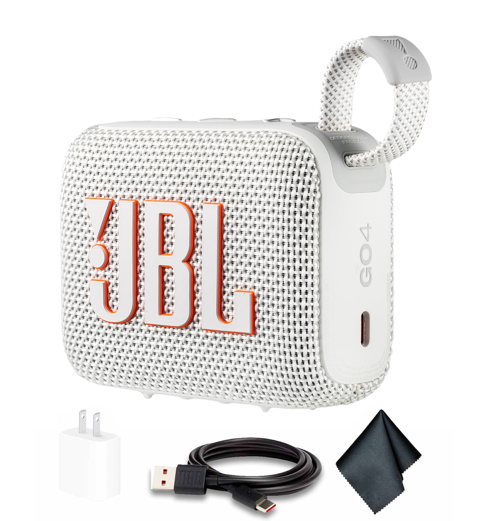 JBL Go 4 Portable Bluetooth Speaker, Built-in Battery, Waterproof and Dustproof - White (JBLGO4WEAM) + USB-C Adapter + MicroFiber Cloth (International Model)