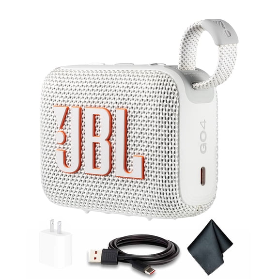 JBL Go 4 Portable Bluetooth Speaker, Built-in Battery, Waterproof and Dustproof - White (JBLGO4WEAM) + USB-C Adapter + MicroFiber Cloth (International Model)