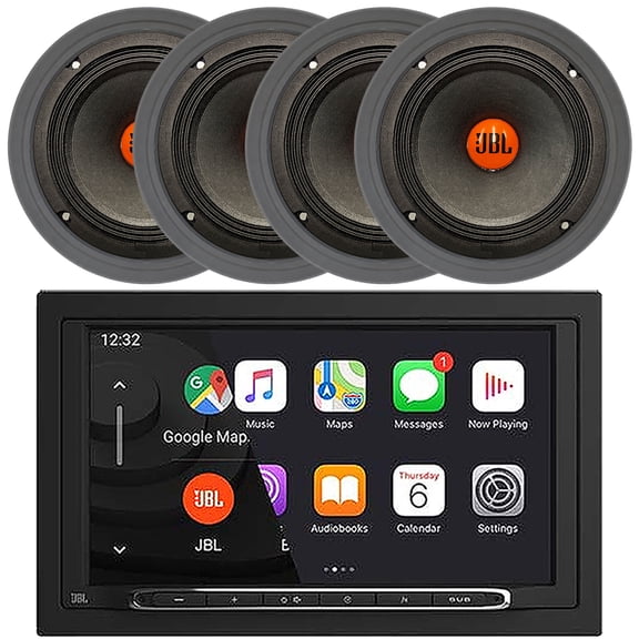 JBL Legend 700 7 Touchscreen Display Double DIN Mechless Bluetooth AM/FM Radio Car Audio Receiver, 4x 6.5" 300 Watt Max Power Midrange Woofer Automotive Speakers, 4x 6.5" Adjustable Speaker Baffle