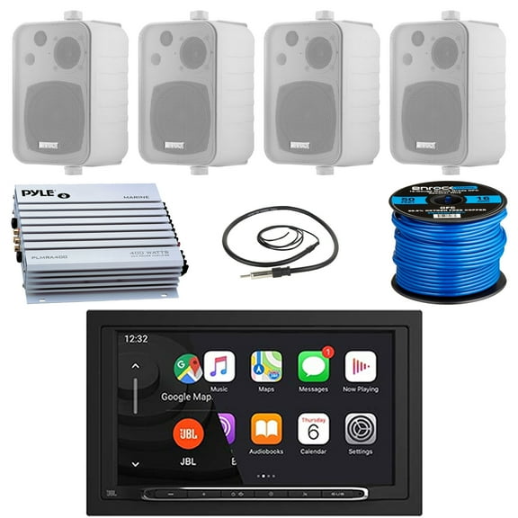 JBL Legend 700 7 Touchscreen Display Double-DIN Mechless Bluetooth AM/FM Receiver W/Wireless Apple CarPlay & Android Auto, 4x 4" 30W Max In Door/Out Door Speakers W/Wire, 4 Channel Amplifier, Antenna