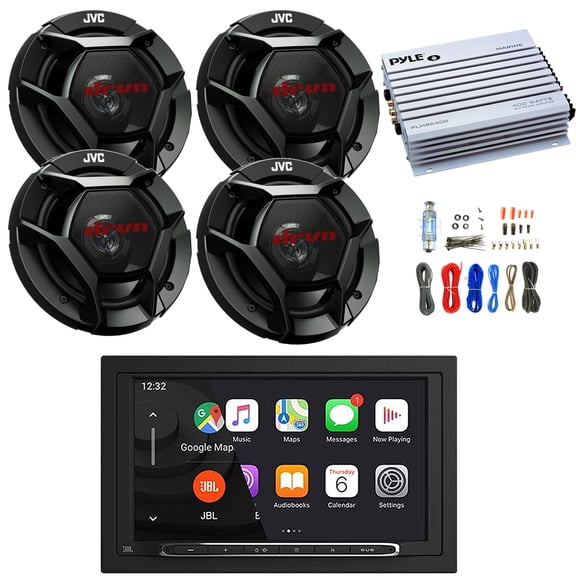 JBL Legend 700 7” Touchscreen Display Double-DIN Mechless Bluetooth AM/FM Receiver W/Wireless Apple CarPlay & Android Auto, 4x 6.5" 300W Peak Power 2-Way Car Audio Speakers, 4 Channel Amplifier W/Kit