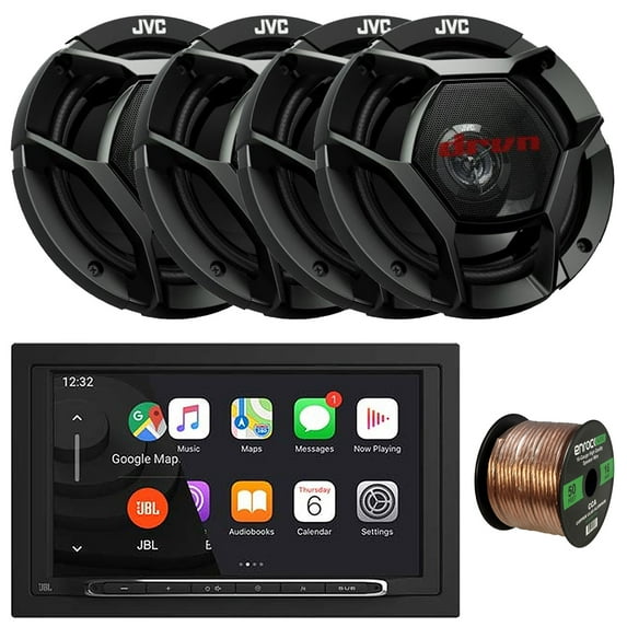 JBL Legend 700 7” Touchscreen Display Double-DIN Mechless Bluetooth AM/FM Receiver W/Wireless Apple CarPlay & Android Auto, 4x 6.75" 300W Max Power Shallow-Mount Coaxial Speakers W/50 Feet 16G Wire