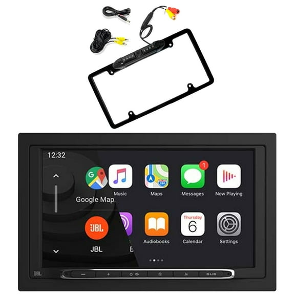 JBL Legend 700 7 Touchscreen Display Double-DIN Mechless Bluetooth AM/FM Receiver W/Wireless Apple CarPlay & Android Auto Bundle Combo With License Plate Black Back Up Night Vision Waterproof Camera