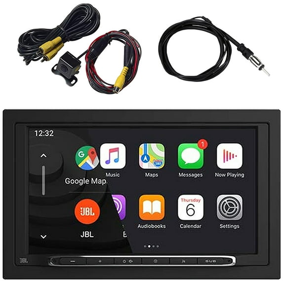 JBL Legend 700 7” Touchscreen Display Double-DIN Mechless Bluetooth AM/FM Receiver W/Wireless Apple CarPlay & Android Auto Bundle Combo With License Plate Mounted Back Up Camera, 22" Radio Antenna