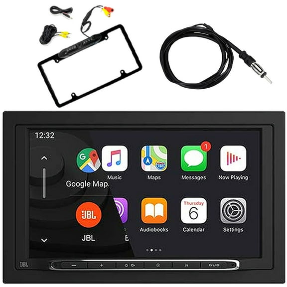 JBL Legend 700 7 Touchscreen Display Double-DIN Mechless Bluetooth AM/FM Receiver W/Wireless Apple CarPlay & Android Auto, Car License Plate Frame Rear View Backup Camera, 22" Radio Antenna