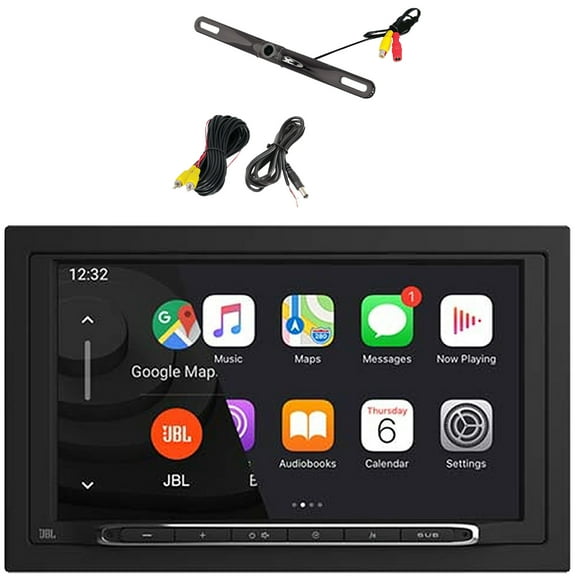 JBL Legend 700 7” Touchscreen Display Double-DIN Mechless Bluetooth AM/FM Receiver W/Wireless Apple CarPlay & Android Auto, License Plate Mount Rear View Backup Color Camera W/Distance Scale Line