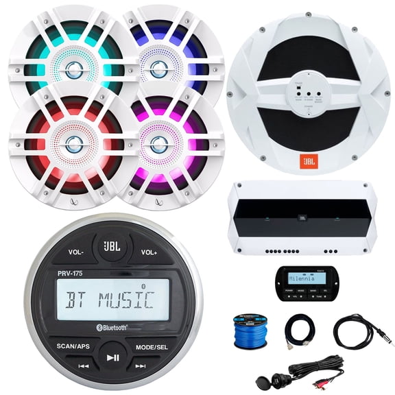 JBL PRV-175 Marine Gauge Hole Mount USB Bluetooth AM/FM Receiver, Wired Remote & Cable, 4x 6.5" 300W Max Boat RGB LED White Speakers, Wire, 10" Subwoofer, 4-Channel Amplifier, Antenna, USB/AUX Adapter