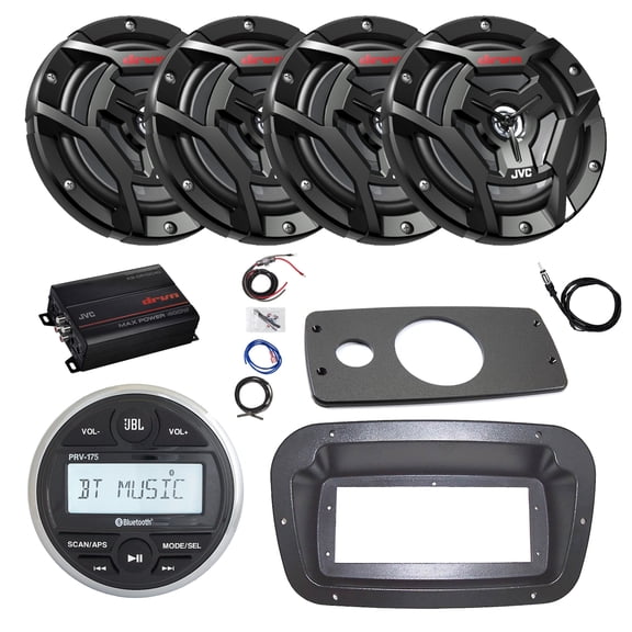 JBL PRV-175 Marine Gauge Hole Mount USB Bluetooth AM/FM Stereo Receiver, Spa Bezel, Adapter Plate, 22" Antenna, Amplifier w/Kit, 4x 6.5" 150 Watt Max 2-Way Waterproof Audio Speakers (Black)