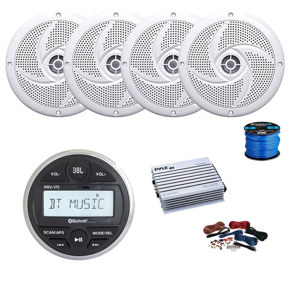 JBL PRV-175 Marine Gauge Mount USB Bluetooth AM/FM Digital Stereo Receiver, 4-Channel Amplifier w/Install Kit, 4X 5.25" 180 Watt 2-Way Slim Low Profile Audio Speakers (White) w/ Wire