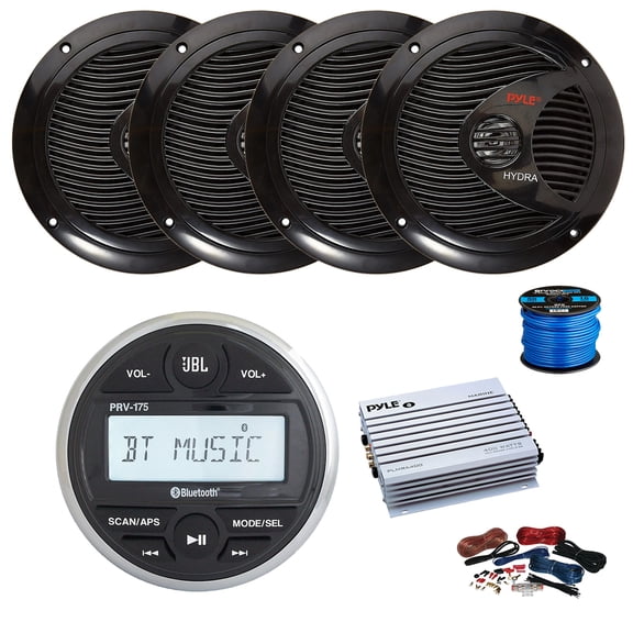 JBL PRV-175 Marine Gauge Mount USB Bluetooth AM/FM Digital Stereo Receiver, 4-Channel Amplifier w/Install Kit, 4X 6.5" 150 Watt 2-Way Dual Cone Full Range Audio Speakers (Black) w/ Wire