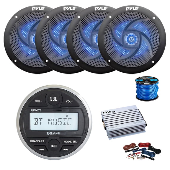 JBL PRV-175 Marine Gauge Mount USB Bluetooth AM/FM Digital Stereo Receiver, 4-Channel Amplifier w/ Kit, 4X 5.25" 180 Watt 2-Way Slim Low Profile Blue Flashing LED Audio Speakers (Black) w/ Wire