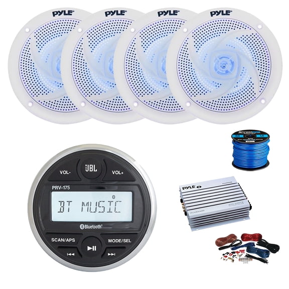 JBL PRV-175 Marine Gauge Mount USB Bluetooth AM/FM Digital Stereo Receiver, 4-Channel Amplifier w/ Kit, 4X 6.5" 240 Watt 2-Way Slim Low Profile Blue Flashing LED Audio Speakers (White) w/ Wire