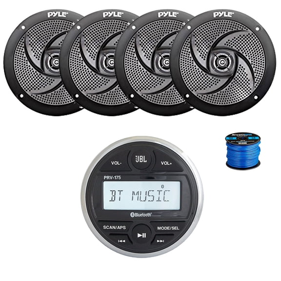 JBL PRV-175 Marine Gauge Mount USB Bluetooth AM/FM Digital Stereo Receiver, 4X 5.25" 180 Watt 2-Way Slim Low Profile Audio Speakers (Black) w/ Wire