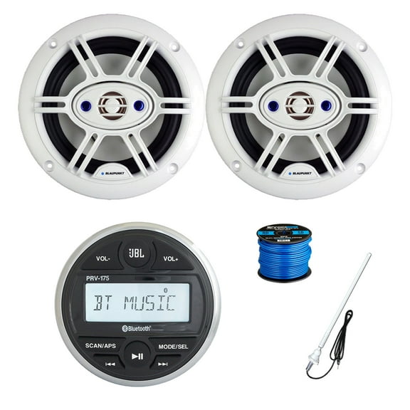 JBL PRV-175 Marine Gauge Style USB Bluetooth AM/FM Digital Stereo Receiver, 2x 6.5" 240 Watt 4-Way Outdoor Speakers (White) w/Wire, Long Range Radio Antenna