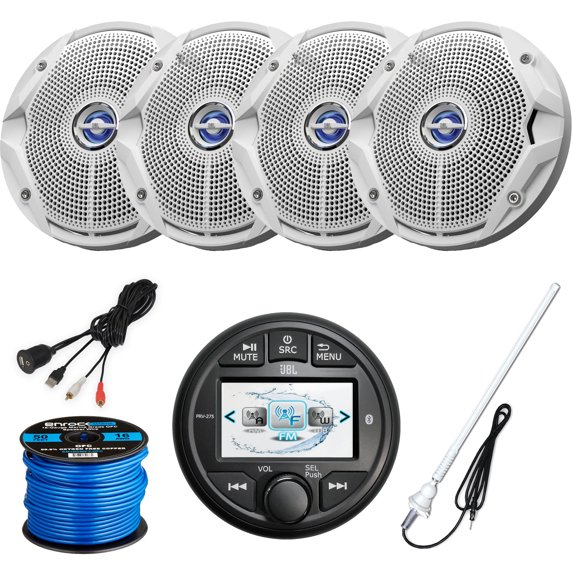 JBL PRV-275 Marine Gauge-Style Digital Media Bluetooth Receiver, 4 x JBL 6.5" 180W Dual Cone Speakers (White, Bulk Packaging), Antenna, Speaker Wire, AUX Interface Mount