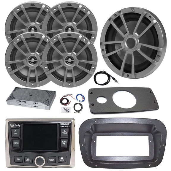 JBL PRV315 Marine Gauge Style Bluetooth AM/FM/WB Receiver, Spa Bezel, Adapter Plate, 22" Antenna, Amplifier w/Kit, 10" Subwoofer, 4x 8" 375 Watt Max 2-Way Multi-Element Audio Speakers (Gray)
