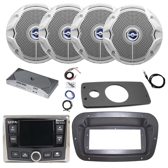 JBL PRV315 Marine Gauge Style Bluetooth AM/FM/WB Stereo Receiver, Spa Bezel, Adapter Plate, 22" Antenna, Amplifier w/Kit, 4x 6.5" 225 Watt Max 2-Way Dual Cone Audio Speakers (White, Bulk Packaging)