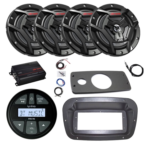 JBL PRV90 Marine Gauge Hole Mount USB Bluetooth AM/FM Stereo Receiver, Spa Bezel, Adapter Plate, 22" Antenna, Amplifier w/Kit, 4x 6.5" 150 Watt Max 2-Way Waterproof Audio Speakers (Black)