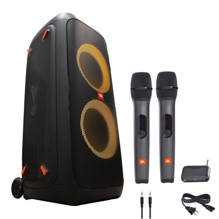 JBL PartyBox 310 Portable Bluetooth Speaker with Lights (JBLPARTYBOX310AM) + Wireless Two Microphone System With Receiver + AUX Cable + MicroFiber Cloth(International Model)