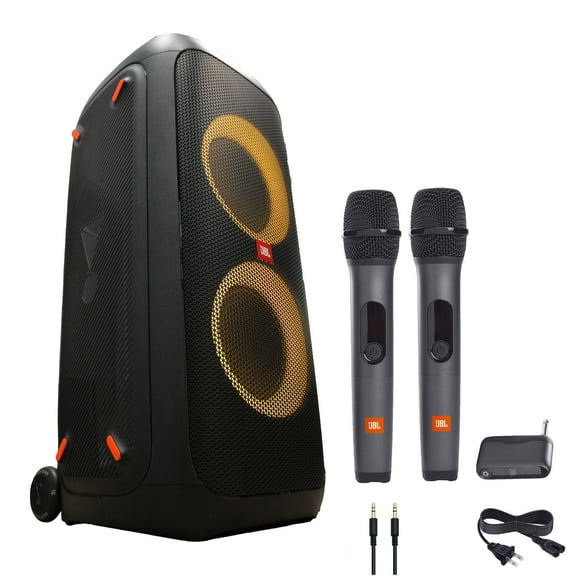 JBL PartyBox 310 Portable Bluetooth Speaker with Lights (JBLPARTYBOX310AM) + Wireless Two Microphone System With Receiver + AUX Cable + MicroFiber Cloth(International Model)