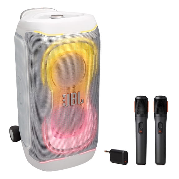 JBL PartyBox 330 Portable Party Speaker Bundle with Wireless Microphone System (White)