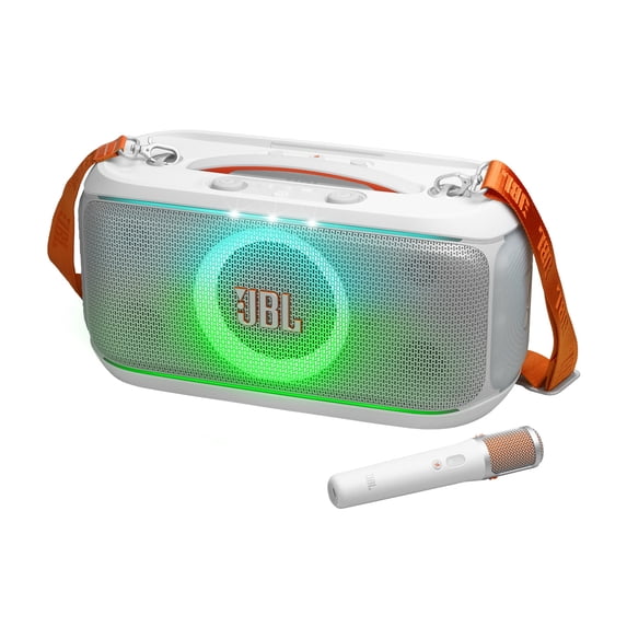 JBL PartyBox On-The-Go 2 - Portable party speaker with one wireless digital mic, handle and a shoulder strap, Dynamic lightshow, Up to 15 hours playtime, Splash proof & Auracast™ (White)