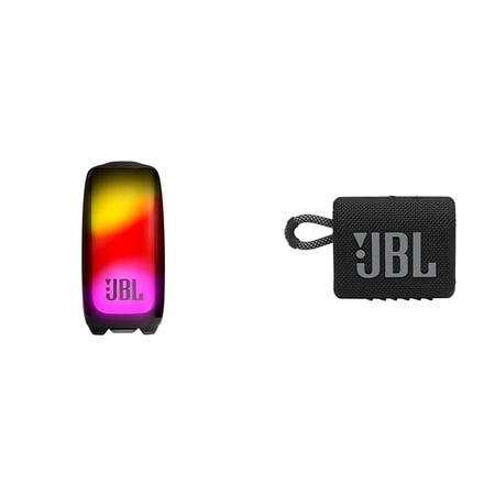 JBL Pulse 5 - Portable Bluetooth Speaker with Dazzling Lights Original Pro Sound, Black & Go 3: Portable Speaker with Bluetooth, Built-in Battery, Waterproof and Dustproof Feature - Black