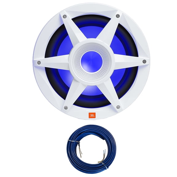 JBL Stadium Marine M1000 10" 900 Watt Max Power Premium Free Air White Subwoofer with RGB Lighting (Single) Bundle Combo With 20 Feet 16 Gauge Speaker Wire