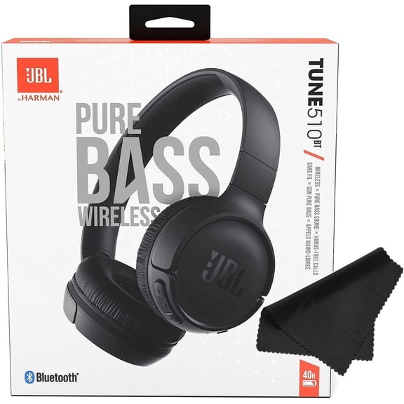 JBL Tune 510BT Wireless Bluetooth On-Ear Headphones with Mic & Pure Bass Stereo Sound - Black - Voice Assistant - With Cleaning Cloth - Sold without manufacturer warranty