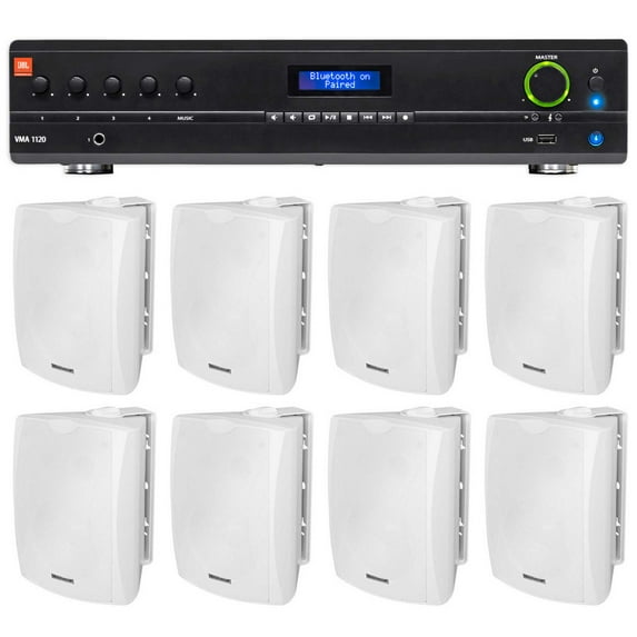 JBL VMA1120 Commercial/Restaurant 70v Amplifier+(8) 6.5" White Wall Speakers