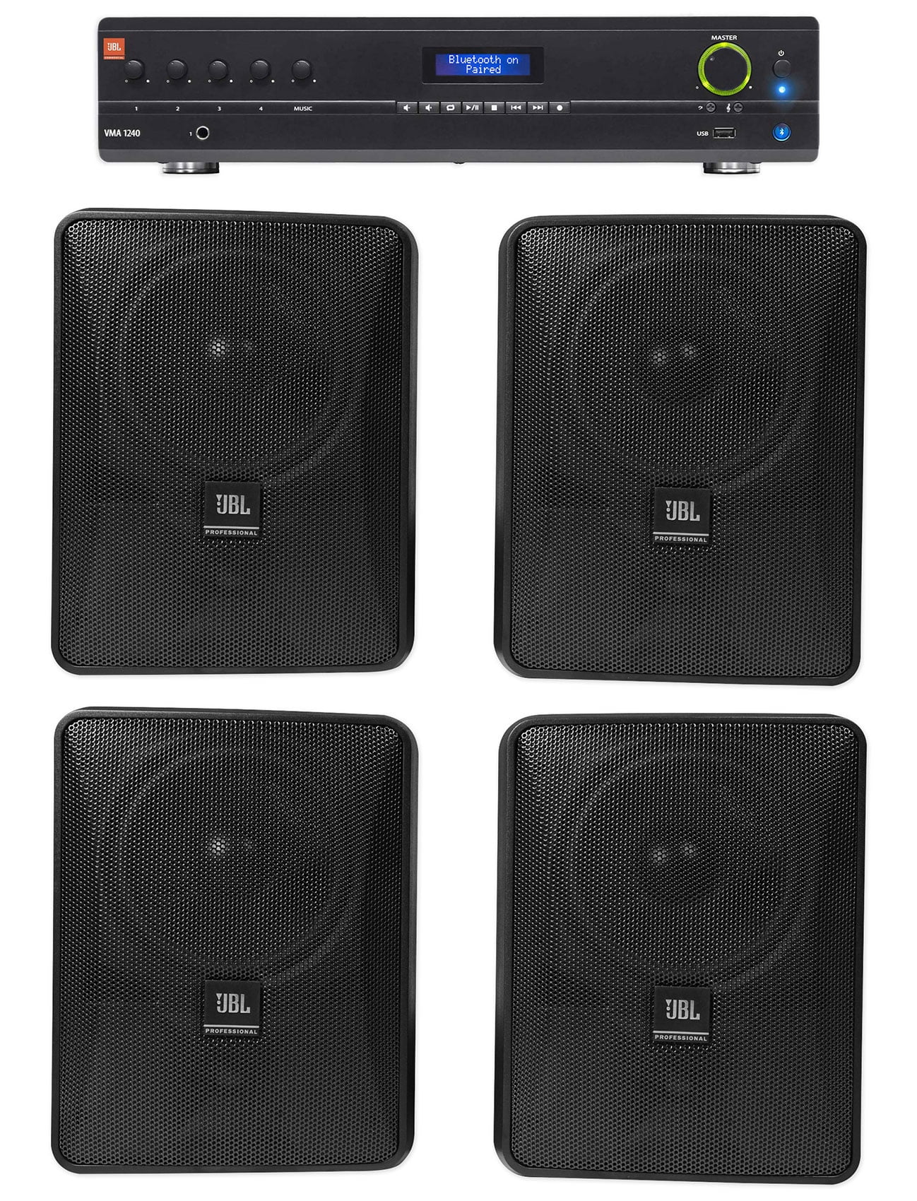JBL VMA1240 Commercial/Restaurant 240W 70v Amplifier+(4) JBL Black Wall