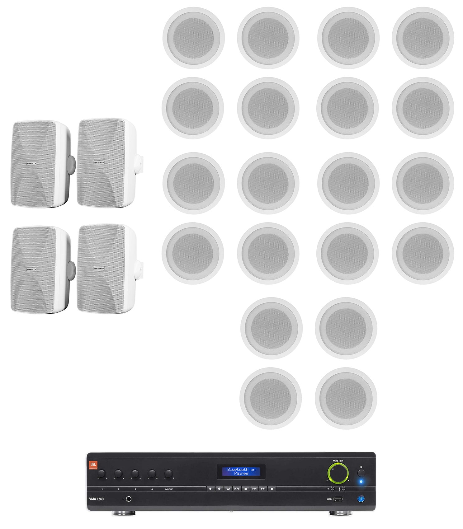 JBL VMA1240 Commercial/Restaurant Receiver+4) Wall+20) Ceiling Speakers