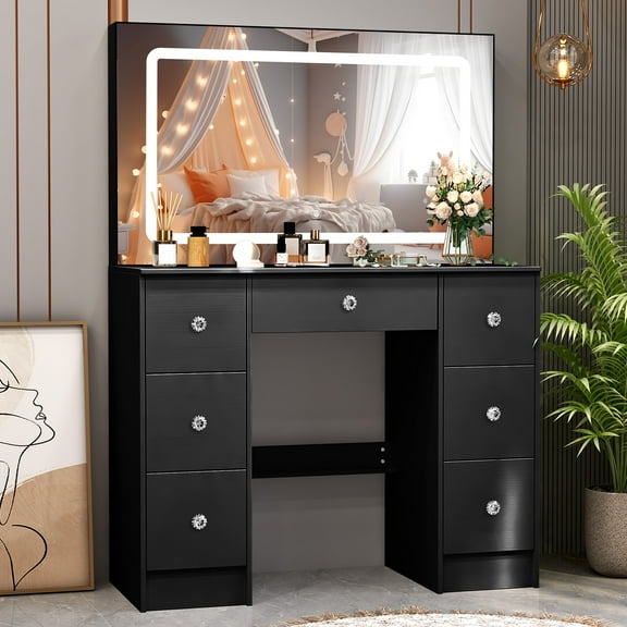 JBLCC Black LED Makeup Vanity Set with Lighted Mirror & 7 Drawers, Adjustable Lighting Dressing Table for Women, Small Bedroom Storage Desk (No Stool)