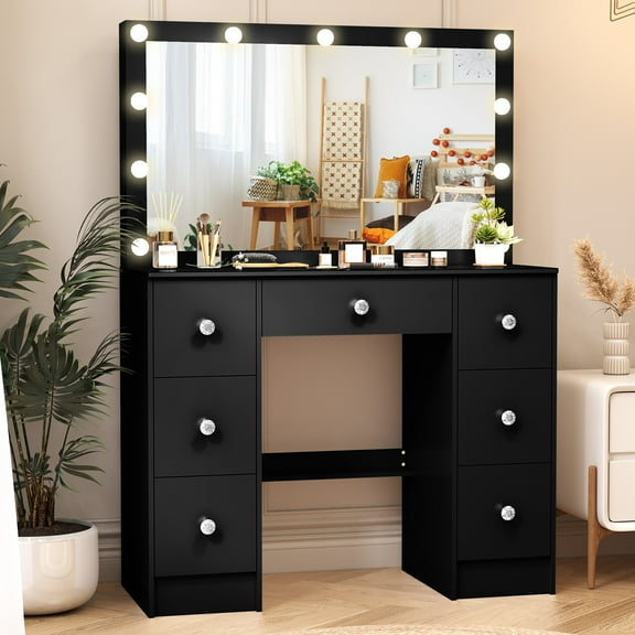 JBLCC Black Vanity Desk with Large Mirror & Lights, Vanity Table Makeup Desk with 7 Drawers, Large Vanity Set for Bedroom