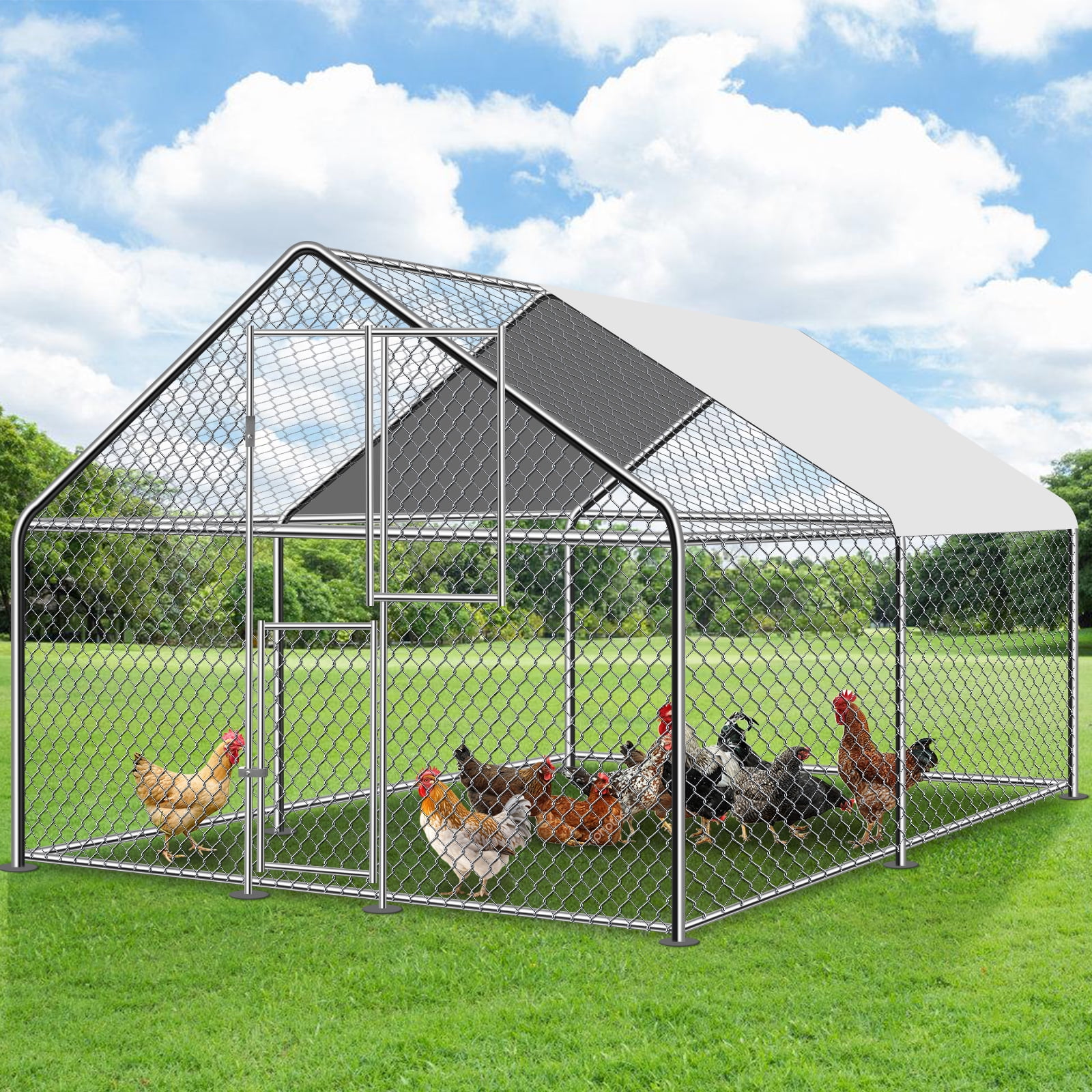 JBLCC Large Metal Chicken Coop Walking Poultry Cage Chicken Run Hen House Spire Shaped Coops with Waterproof Cover for Backyard Farm