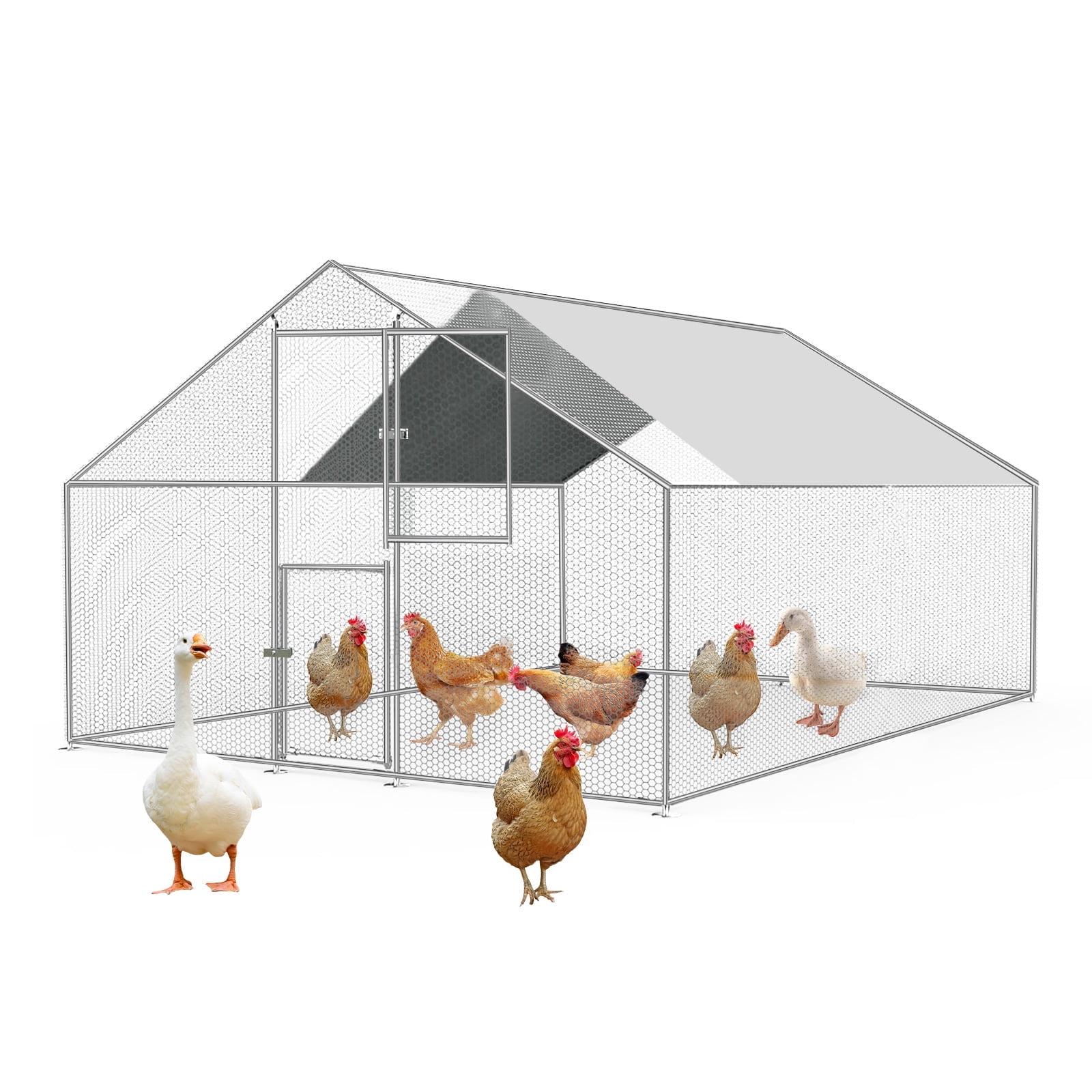 JBLCC Large Metal Chicken Coop with Run, Walkin Poultry Cage for Yard with Waterproof Cover, 9.8 x 9.8 x 6.6 ft Peaked Roof for Hen House, Duck and Rabbit, Silver