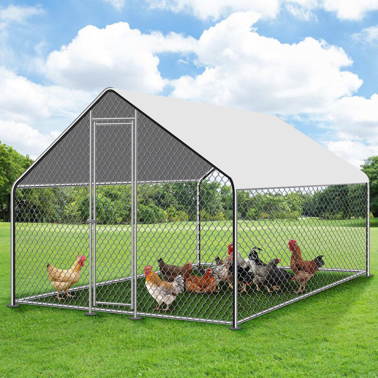 JBLCC Large Metal Walk-in Chicken Coop with Hen Run for Yard Farm 9.8 x 6.5 x 6.5ft