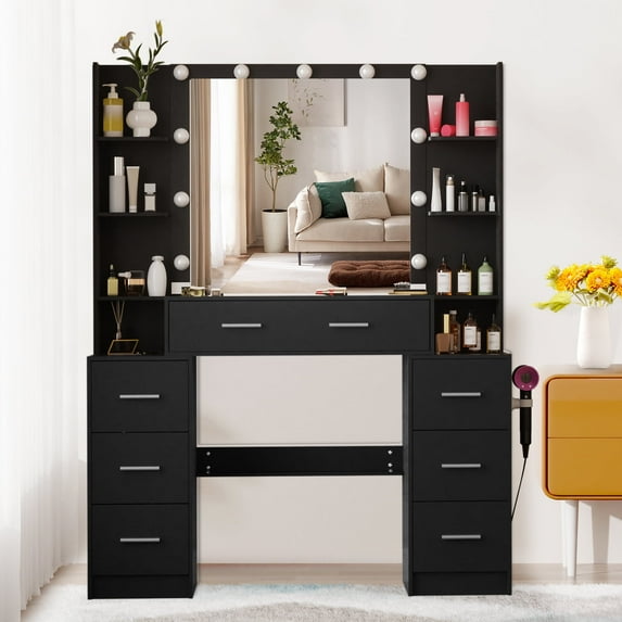 JBLCC Lighted Makeup Vanity Desk, Vanity Table with Vanity Mirror and LED Light Bulbs, Dressing Table with Storage Drawers, Black