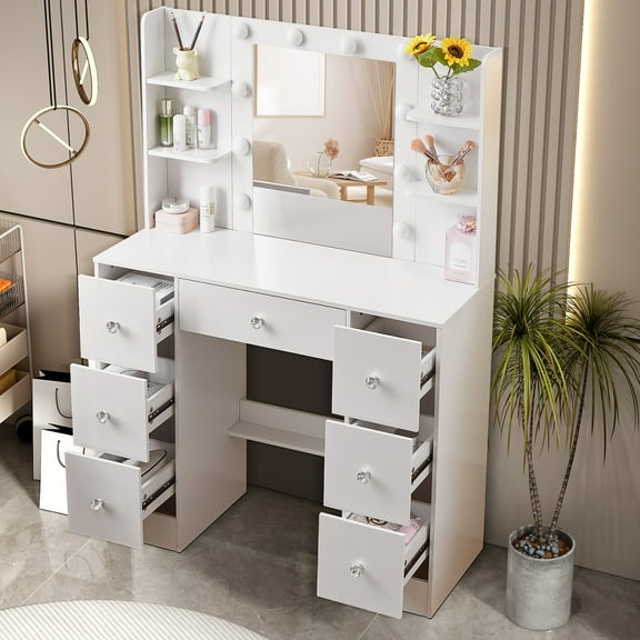 JBLCC Makeup Vanity Desk Set with Lighted Mirror, 7 Drawers Vanity Set with Mirror and Lights, Dressing Table for Bedroom, White