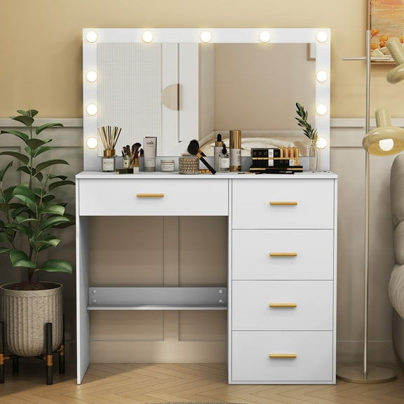 JBLCC Makeup Vanity Desk with Large Lighted Mirror, White Vanity Table with 11 LED Bulbs, 5 Drawers & Adjustable Lighting for Women & Girls