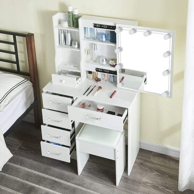 JBLCC Makeup Vanity with Lighted Mirror, Modern White Vanity Set with