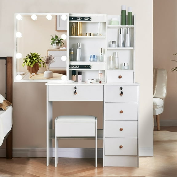 JBLCC Makeup Vanity Set with Stool, Modern Vanity Desk with Lighted Sliding Mirror, Dressing Table with Drawers and Shelves, White
