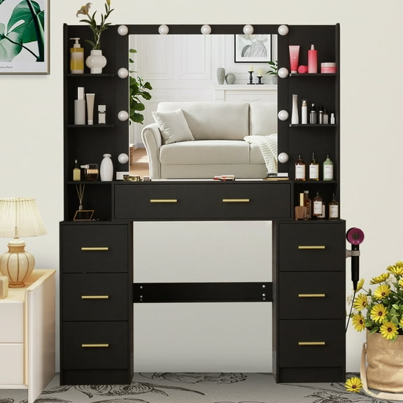 JBLCC Makeup Vanity Table with 3 Color Lighted Mirror, Modern Vanity Desk for Girls, Bedroom Dressing Table with Drawers & Shelves, Black