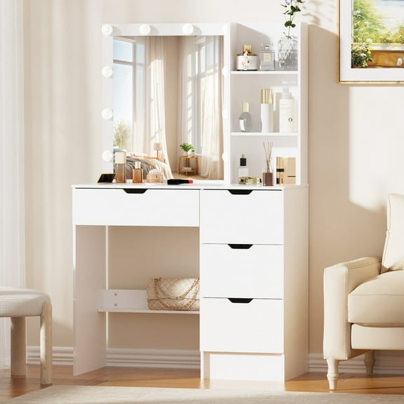 JBLCC Makeup Vanity with Lights, Vanity Set with Mirror, Vanity Desk with 4 Drawers, Makeup Dressing Table for Bedroom, White